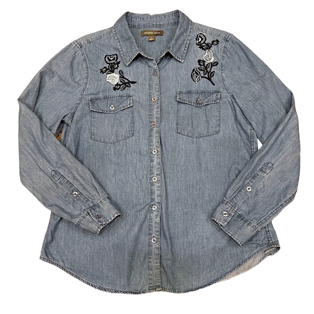 ALEXANDER Jordan Denim Button Down Embroidered Roses Blouse, Size Large